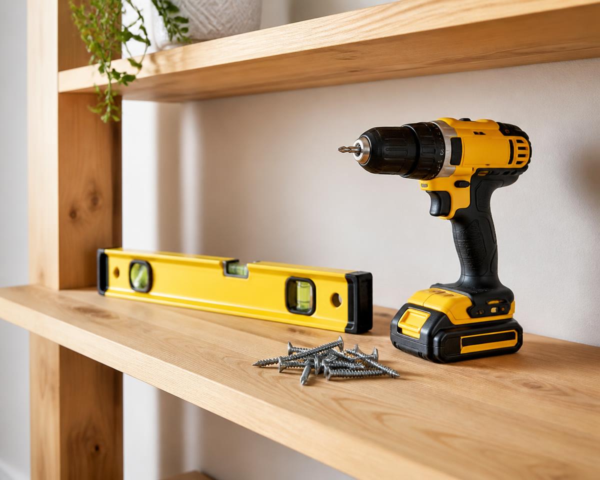 Drill, spirit level and screws on newly fitted timber shelving