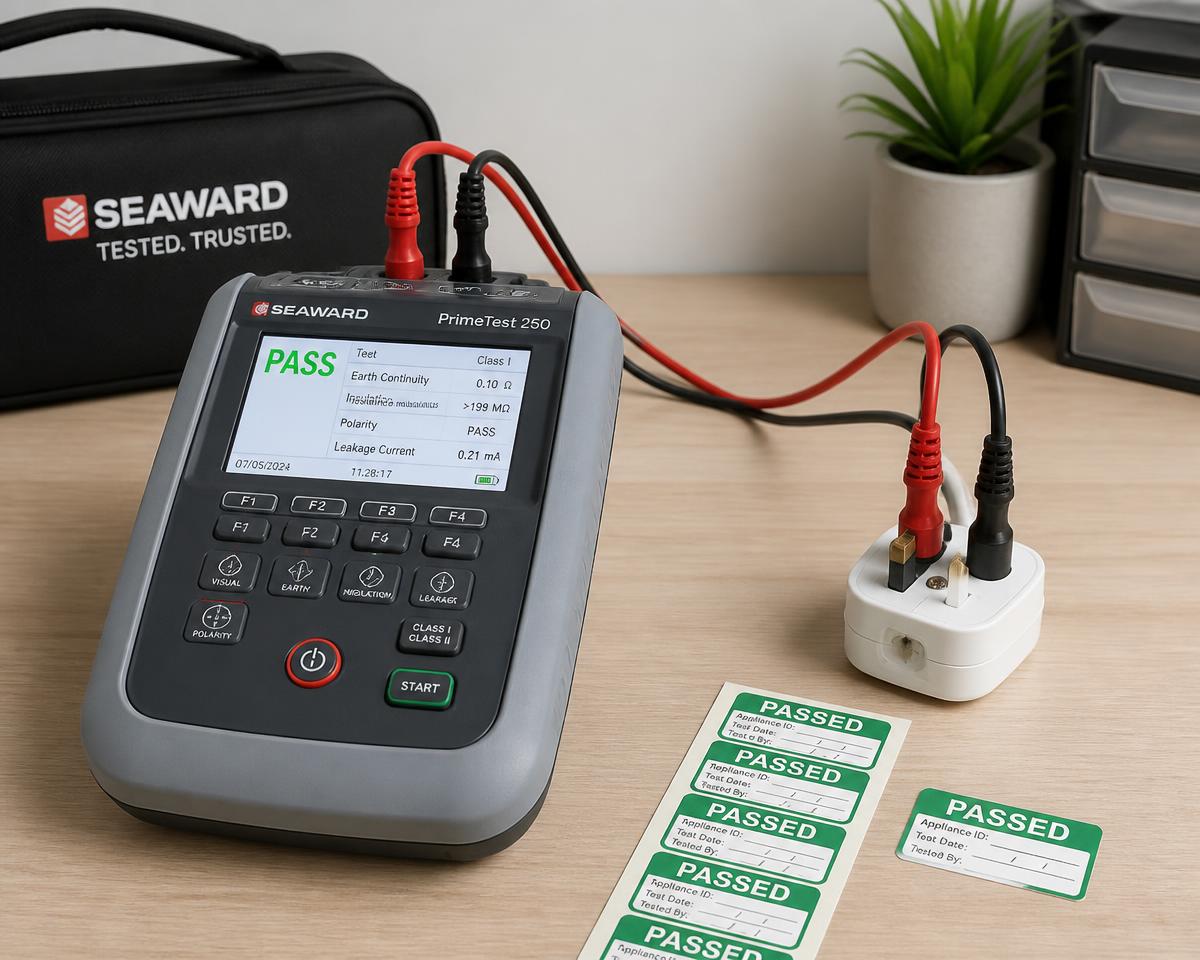Portable appliance tester with passed test labels